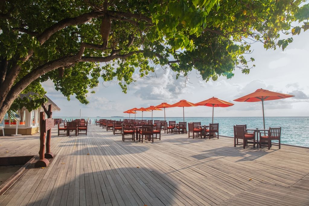 cafe by the water with multiple tables and umbrellas